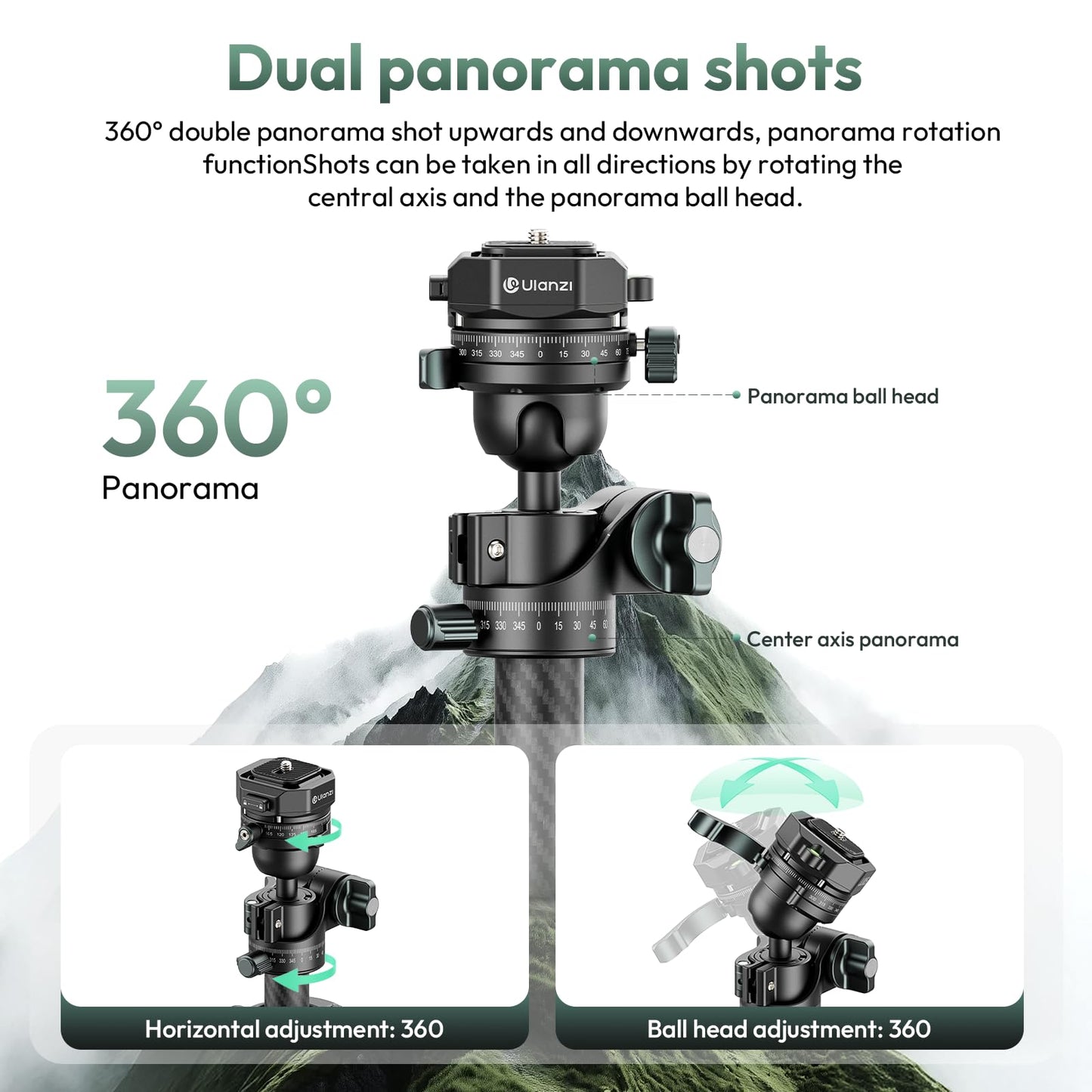 ULANZI JJ05 GlideGo Carbon Fiber Photo Tripod, Dual 360° Pan Head, 72.4 inch Max Height, 11 lb Load, UKA Quick Release, Professional Portable Lightweight Travel Tripod with Bag