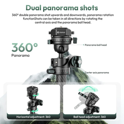 ULANZI JJ05 GlideGo Carbon Fiber Photo Tripod, Dual 360° Pan Head, 72.4 inch Max Height, 11 lb Load, UKA Quick Release, Professional Portable Lightweight Travel Tripod with Bag