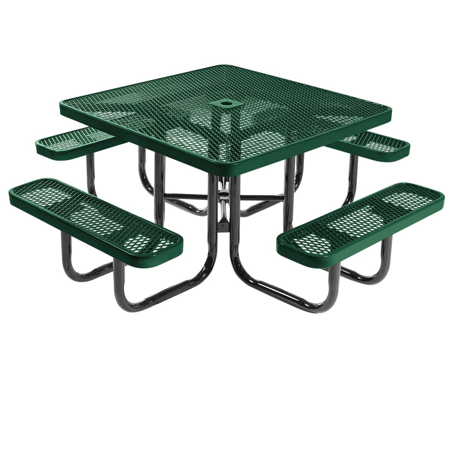COATEDOUTDOORFURNITURE Heavy-Duty Portable Outdoor Picnic Table with Umbrella Hole, Expanded Metal Commercial-Grade Patio Dining Furniture Made in America (46" Square Top, Textured Green)