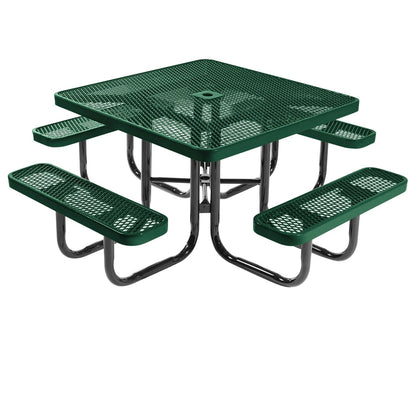 COATEDOUTDOORFURNITURE Heavy-Duty Portable Outdoor Picnic Table with Umbrella Hole, Expanded Metal Commercial-Grade Patio Dining Furniture Made in America (46" Square Top, Textured Green)