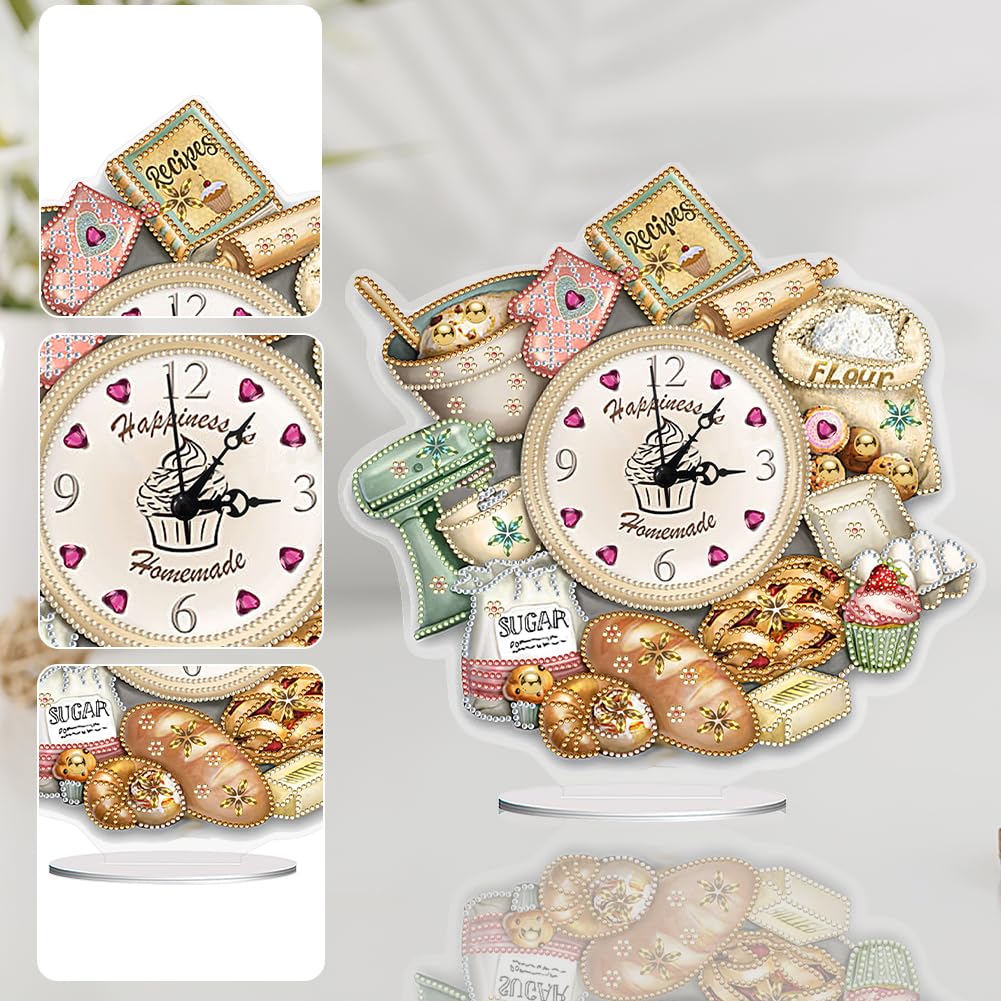 DIY 5D Diamond Art Table Clock - Special Shaped Crystal Rhinestone Bread Food Design Desktop Clock Kit for Home Office Decor, Handmade Arts and Crafts Gift for Adults Beginner