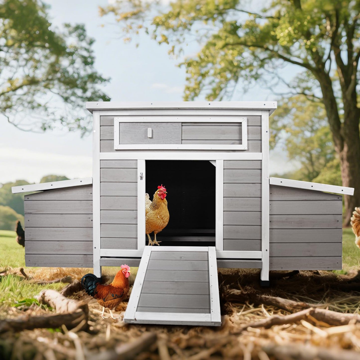 KEIKI Large Wooden Chicken Coop, Outdoor Hen House, Poultry Cage, Rabbit Hutch, Wooden Poultry Cage for Outdoor with 2 Sides Nesting Boxes, Gray+White