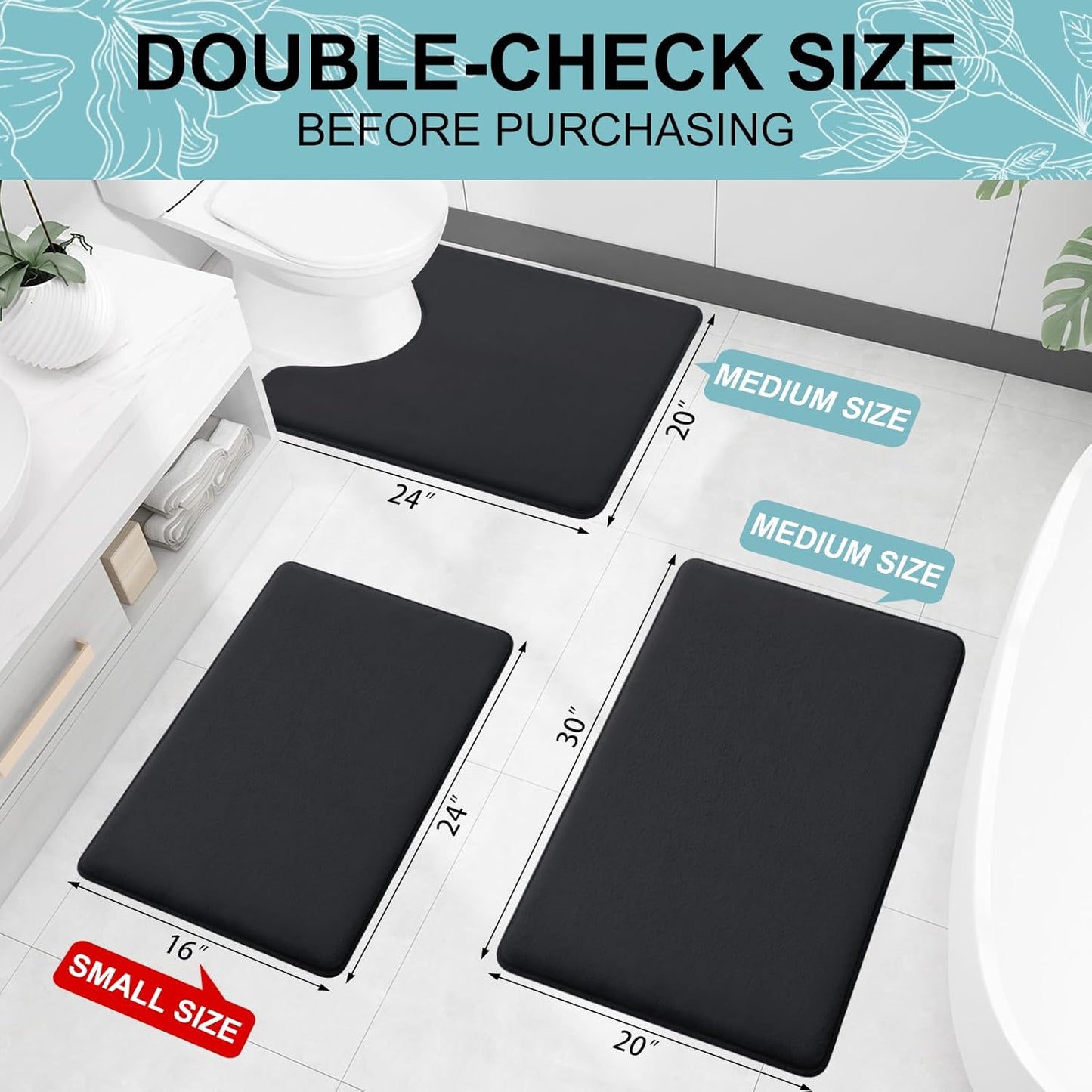 Smiry Memory Foam Bath Mat - Extra Soft, Absorbent, Non-Slip Bathroom Carpet | 30x20, Black