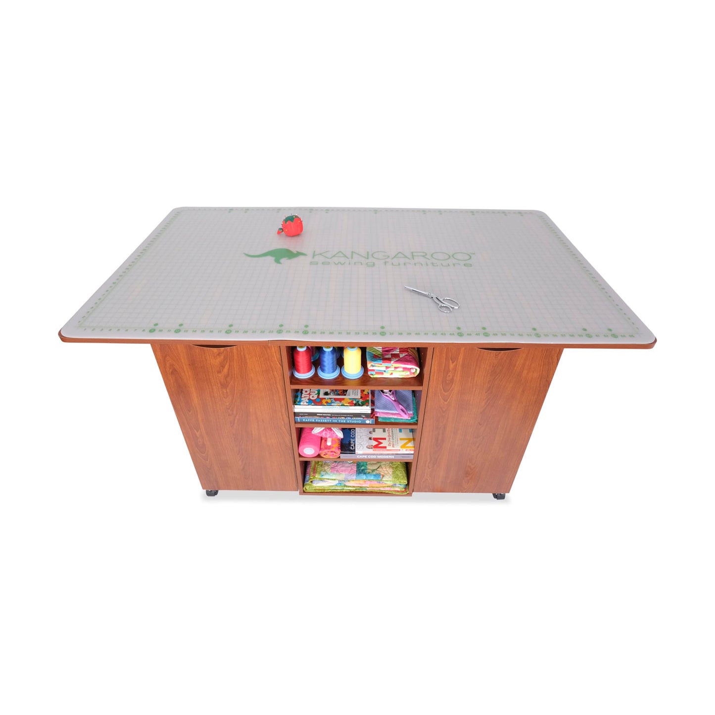 Kangaroo Kookaburra Cutting Table – Large Sewing, Quilting & Craft Workstation with Expandable 70” x 40” Surface, Storage Drawers, Shelves & Rolling Locking Casters, Teak Finish