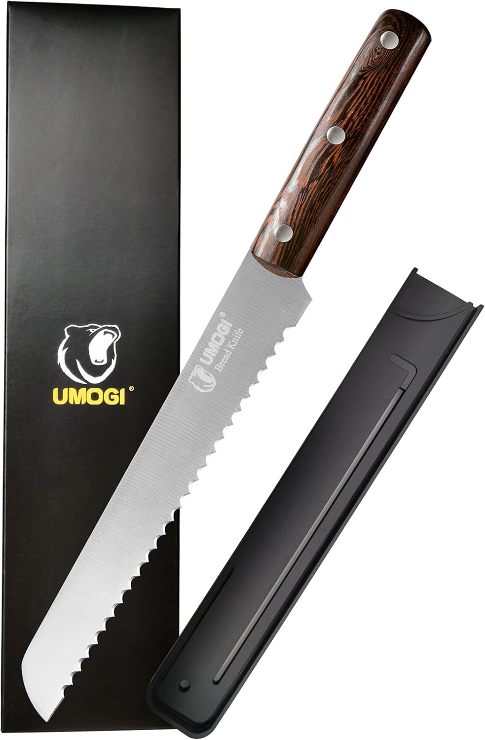 Bread Knife 8 Inch with Sheath, German High Carbon Stainless Steel, Ergonomic Grip Full Tang Wood Handle