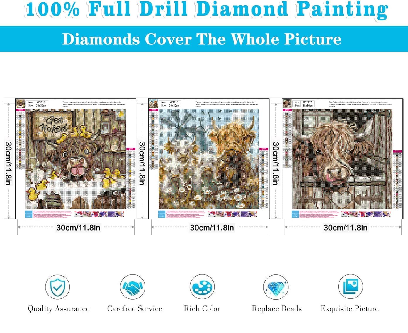 Zythron 3PCS Diamond Art Kits for Adults,Highland Cow Diamond Art Cow Rustic Farmhouse Diamond Painting DIY 5D Full Drill Gem Art Painting Kit for Home Wall Decor Gifts 12x12 in
