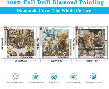 Zythron 3PCS Diamond Art Kits for Adults,Highland Cow Diamond Art Cow Rustic Farmhouse Diamond Painting DIY 5D Full Drill Gem Art Painting Kit for Home Wall Decor Gifts 12x12 in