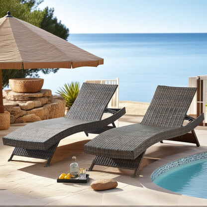 Asifom PE Rattan Adjustable Backrest Chaise Lounge Set 2, Outdoor Pool Recliner Patio Chairs Lounge Chair Set 2 for Outside Beach Poolside Sunbathing