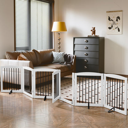 PUPETPO Freestanding Pet Gates with Walk Through Door, Dog Indoor Fence, Dog Gate for The House, Stairs, Extra Wide Pet Gate, Support Feet Included, 120 Inch Wide, 6 Panels 24" Tall, White & Black