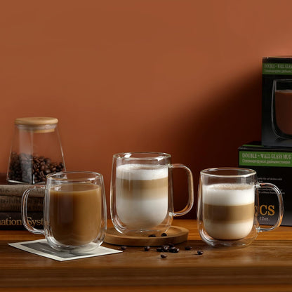 12oz,Double Set Beverages,Set 4 CNGLASS Glass Coffee Mugs Wall Insulated Mug with Handle,Clear Glass Espresso Mugs