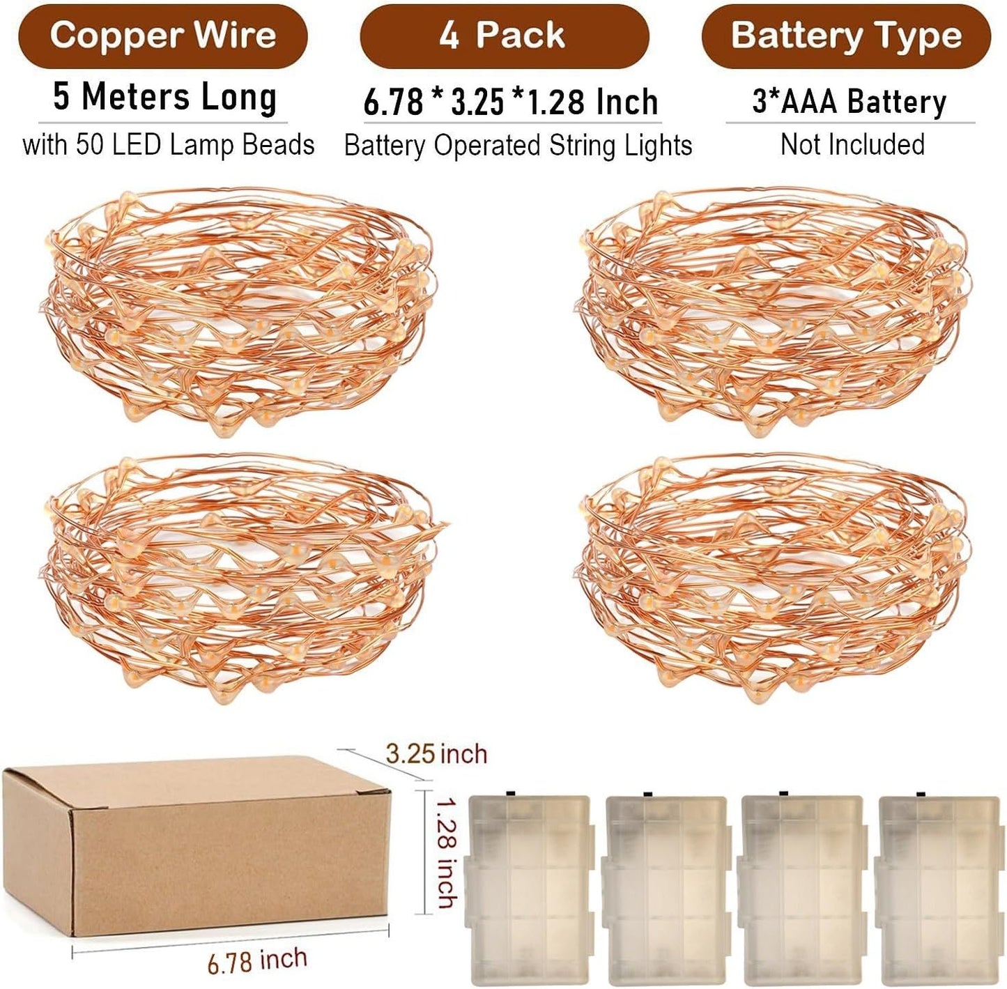 16 50 4 Pack RUICHEN Ft Copper Wire LED Mini Fairy String Lights Battery Operated for Bedroom, Christmas, Parties