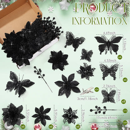 Thiccywoov 122 Pcs Christmas Glitter Poinsettia Artificial Flowers Berry Picks Butterfly Christmas Tree Ornaments 3 Styles Poinsettia kit with Clip for Xmas Wreath Home Tree Decor(Black)