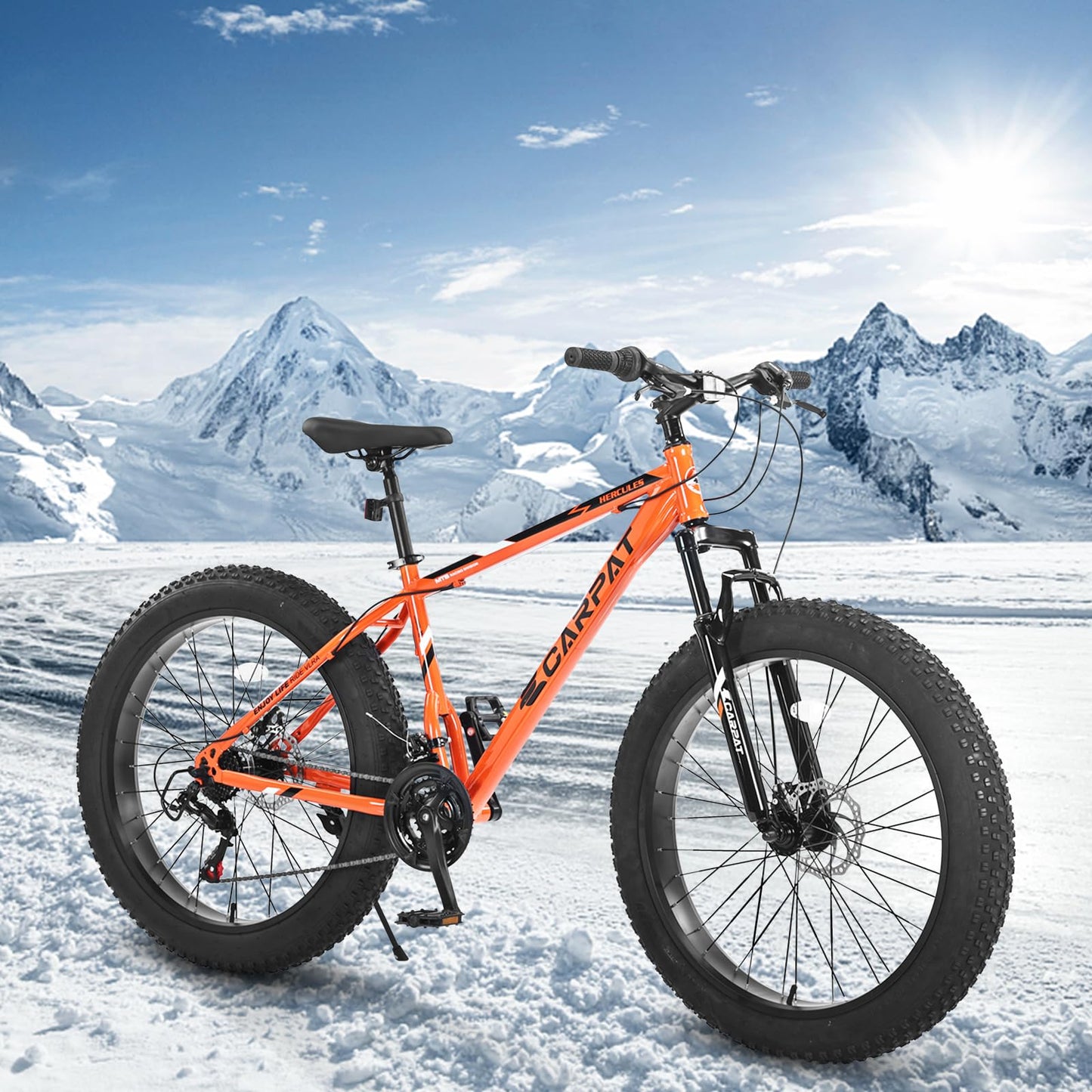 richvelo 26 Inch Fat Tire Bike Adult/Youth Full Shimano 7 Speeds Mountain Bike, Dual Disc Brake, High-Carbon Steel Frame, Front Suspension, Mountain Trail Bike, Urban Commuter City Bicycle