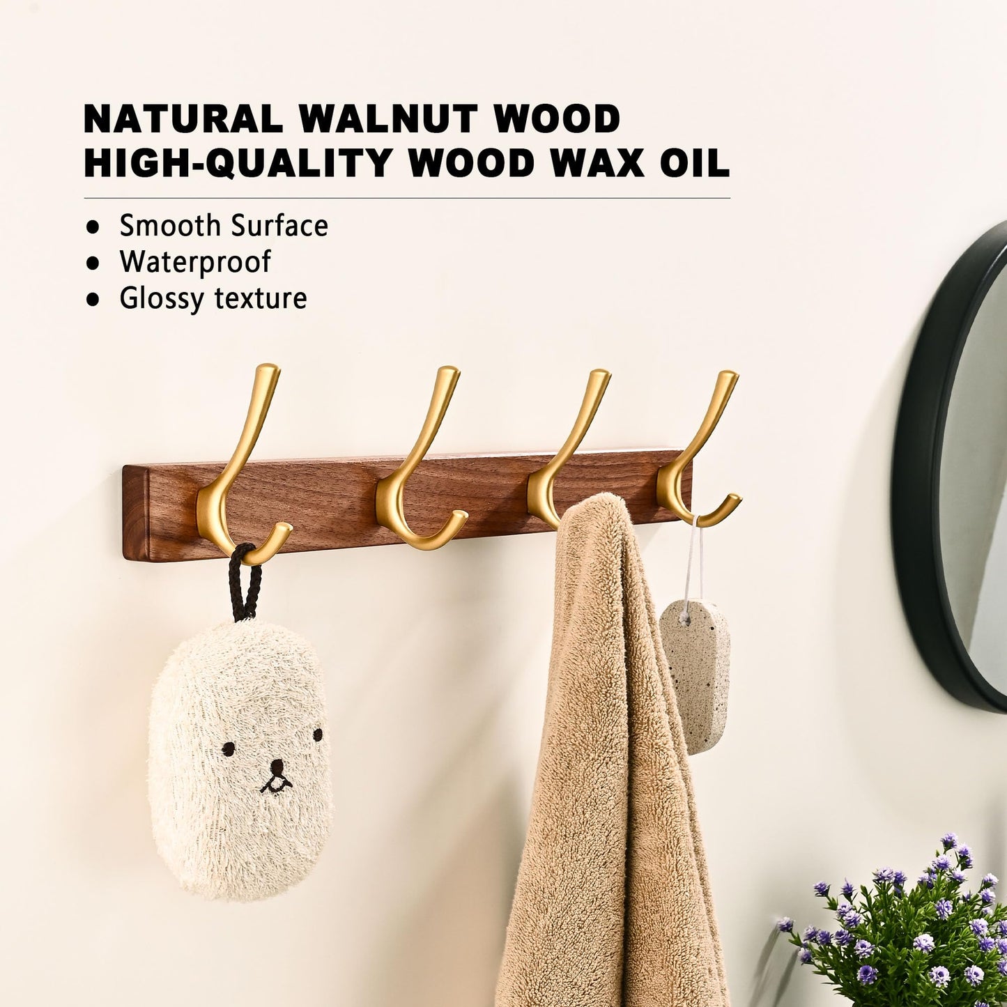 LECHYN 17.3" Small Walnut Wood Coat Rack Wall Mount with 4 Hooks, Heavy Duty Wooden Jacket Hanger Door Mounted for Decorative Entryway Bathroom Hanging Towel Backpack Purse Clothes Hat Key Gold