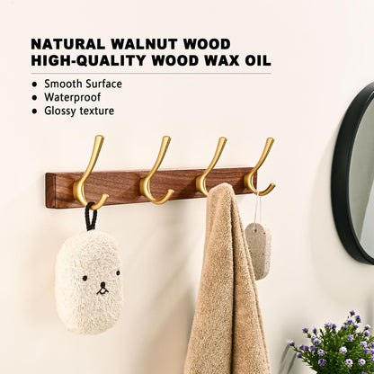 LECHYN 17.3" Small Walnut Wood Coat Rack Wall Mount with 4 Hooks, Heavy Duty Wooden Jacket Hanger Door Mounted for Decorative Entryway Bathroom Hanging Towel Backpack Purse Clothes Hat Key Gold