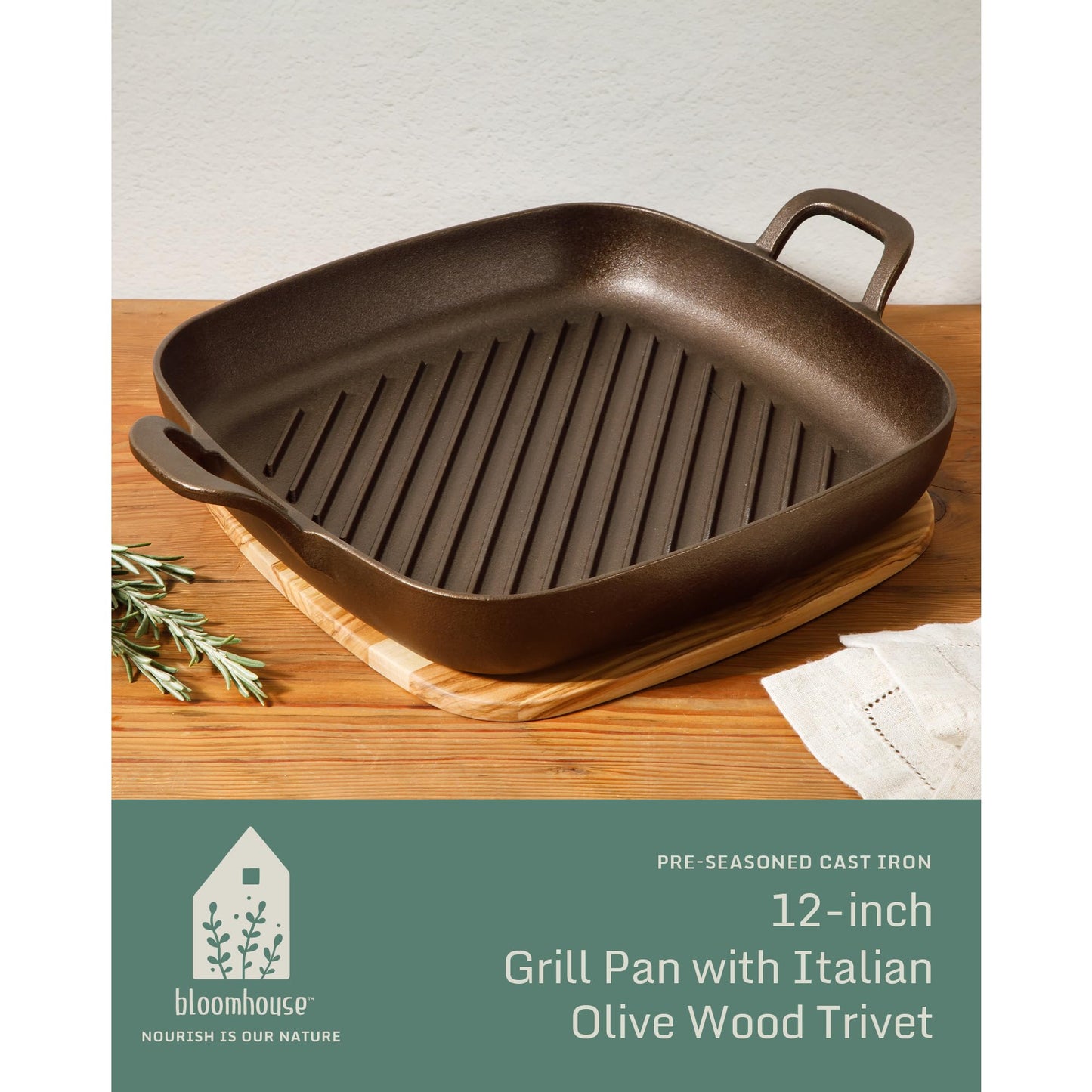 Bloomhouse - Two Time Oprah's Favorite Things Winner - Natural Bronze Finish 12" Square Cast Iron Grill Pan – Olive Oil Treated Surface w/Dual Handles & Olive Wood Trivet, Oven Grill Campfire Safe