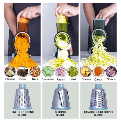 Rotary Cheese Grater Cheese Shredder, Cheese Grater Handheld with Strong Suction Base,Kitchen Vegetable Slicer 3 Replaceable Stainless Drum Blades for Fruit, Food, Nuts,Easy to Use Clean (Blue)