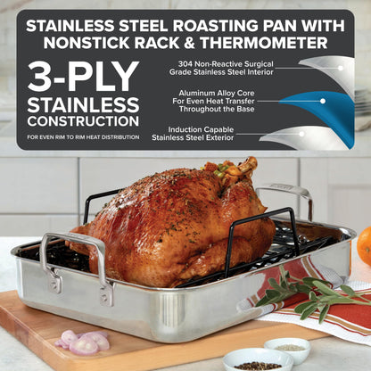 Viking 3-Ply Stainless Steel Roasting Pan with Non Stick Rack, 16 x 13 Inch Kitchen Cookware, Great for Turkey, Includes Probe Thermometer, Dishwasher and Oven Safe, Induction Ready, Silver