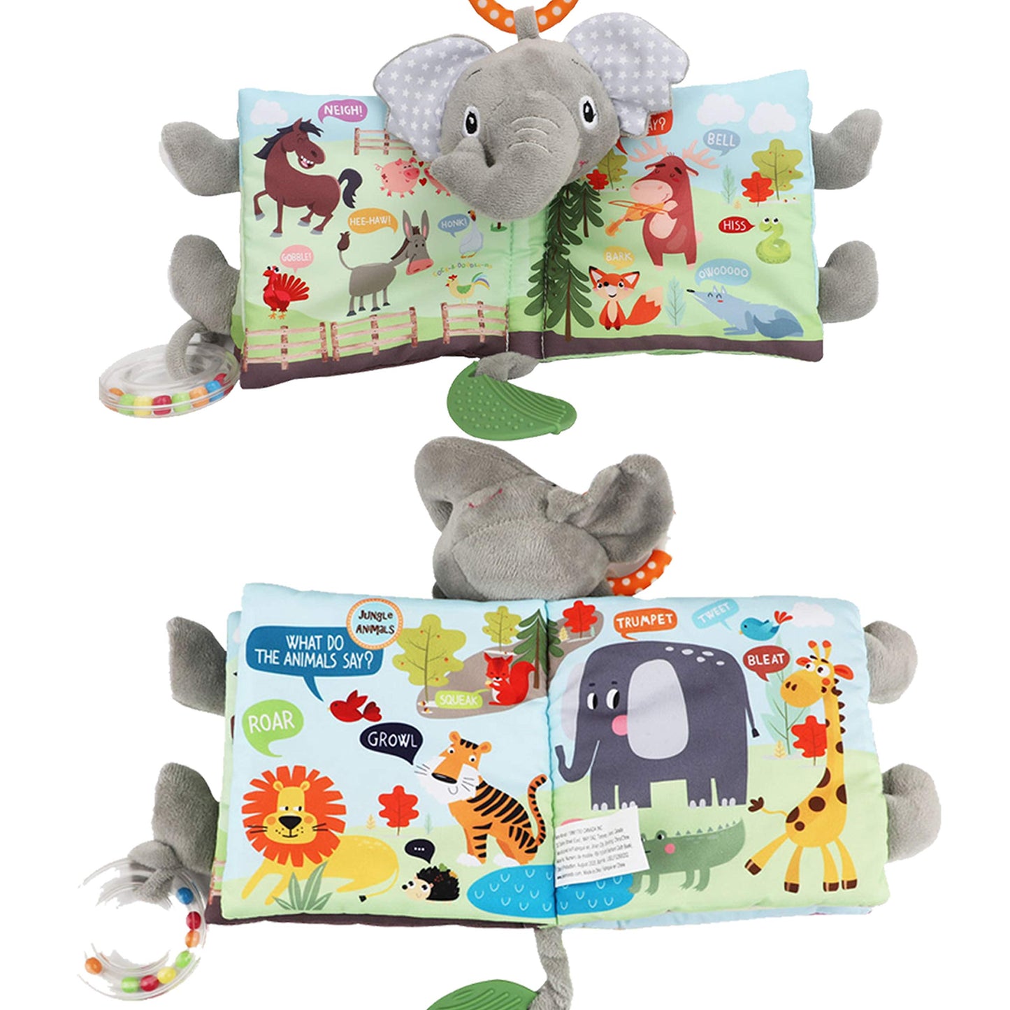 Elephant Touch and Feel Baby Books Toys 0-6 Months, Loveys Crinkle Books for Babies,Infant Toys 6-12-18 Months 1-2 Year Old, Baby Shower Easter Gifts Soft Cloth Book Teething Rattle for Boys Girls