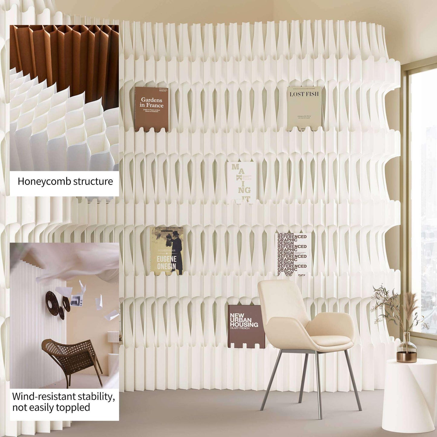 Paper Room Divider with Shelves Folding Room Divider Portable Room Partition Foldable Temporary Wall Retractable Folding Screen for Home, Office, Studio, Exhibition