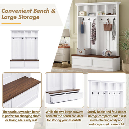 Merax Wood Hall Tree with 6 Hooks & Entryway Bench, Farmhouse Mudroom Versatile Coat Racks with 2 Large Drawers, Entrance Organizer for Hallway, White