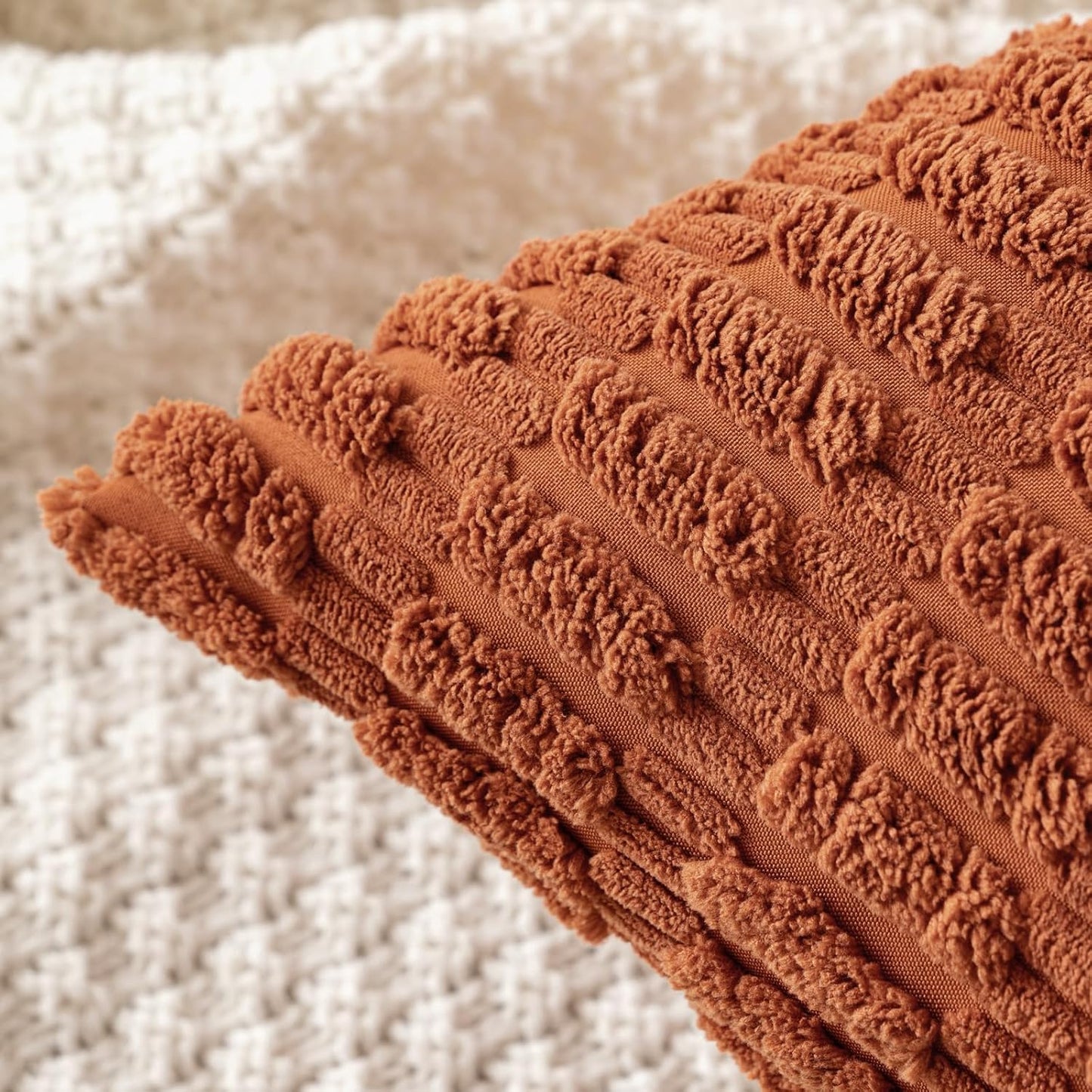 MIULEE Decorative Pillow Covers - Soft Dark Rust Corduroy | Pack of 2, 20x20 Inch, Boho Striped Design for Modern Farmhouse Decor