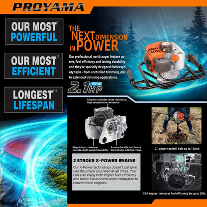PROYAMA 54cc Post Hole Digger Gas Powered 2 Cycle Earth Auger, 5-Year Warranty Gear Box, 4 Drill Bits 4" 6" 8" 12" + Extension Rod 12" 20"