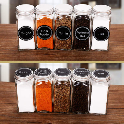 SWOMMOLY 25 Glass Spice Jars with 703 Spice Labels, Chalk Marker and Funnel Complete Set. 25 Square Glass Jars 4OZ, Airtight Cap, Pour/sift Shaker Lid