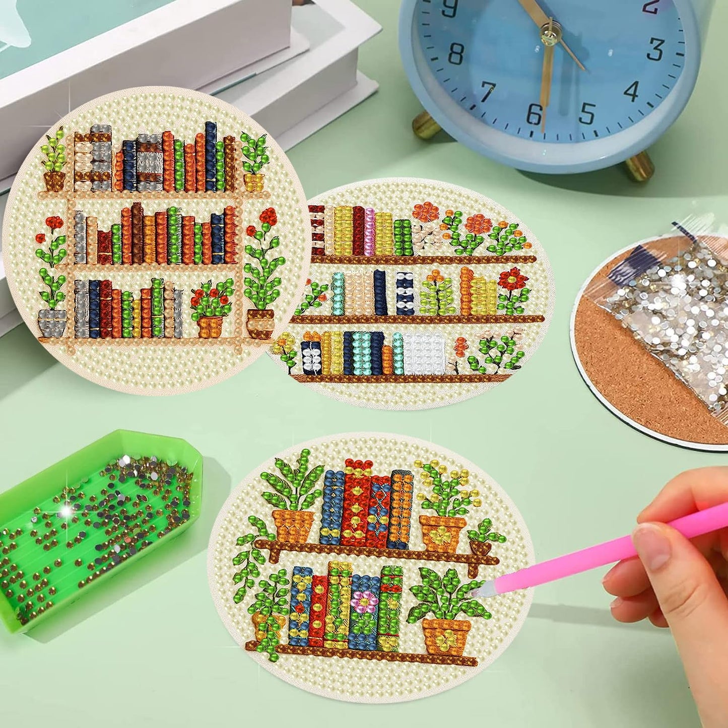 croshom Books Diamond Art Coasters Kits, 8 Pieces Books Diamond Painting Coasters with Holder, Books Coaster Diamonds Art Painting Kits for Adults, 5D DIY Wooden Coaster for Gift
