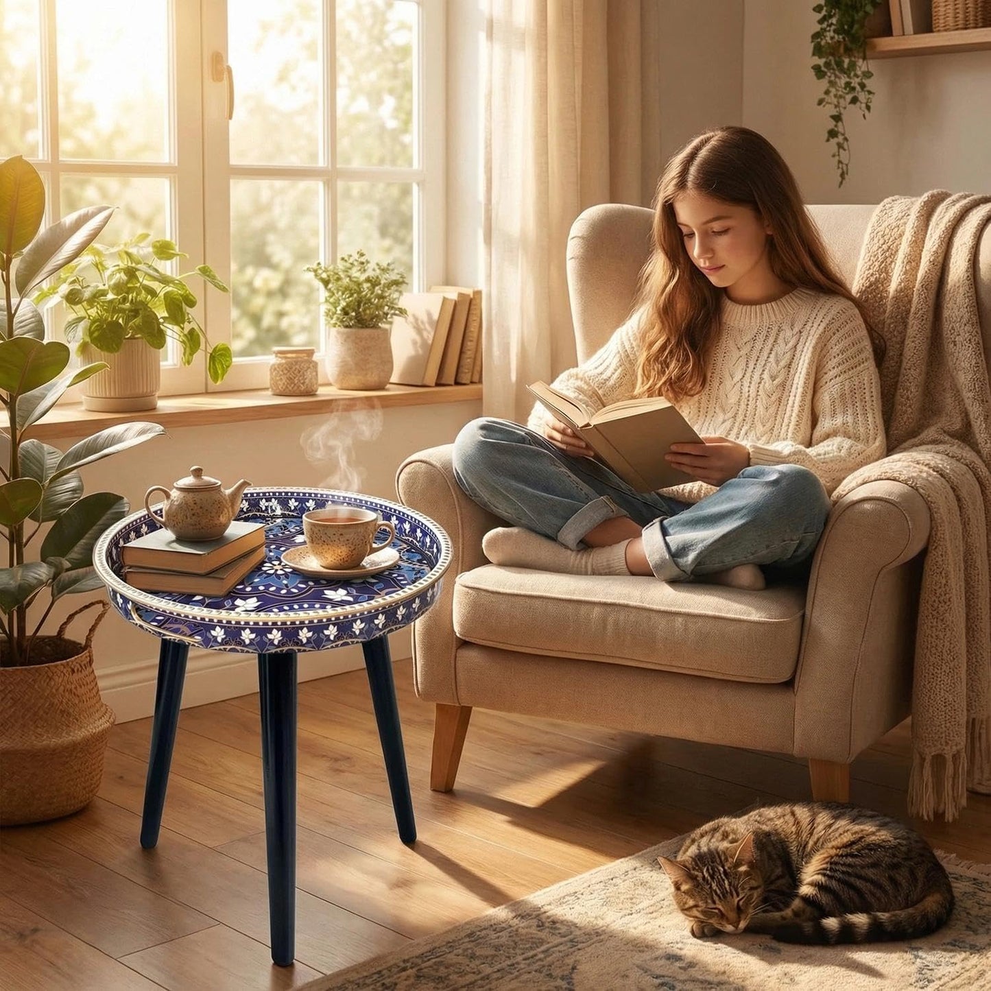 17.7 Inch Gesodant Plastics Tray with Detachable Three Wooden Legs, Versatile Side Table with Tray Design, Perfect