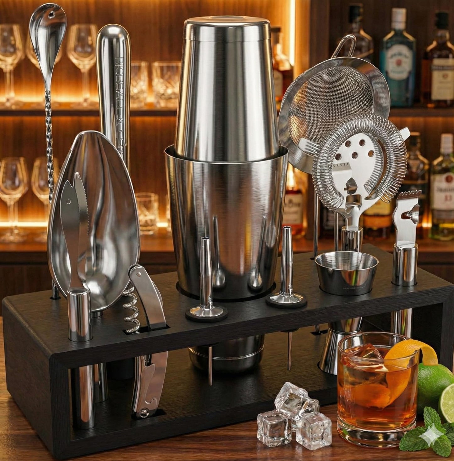 Highball & Chaser 13-Piece Boston Cocktail Shaker Set Stainless Steel Mixology Bartender Kit With Stand For Home Bar Cocktail Set | Laser Engraved Cocktail Tools | Plus E-Book with 30 Cocktail Recipes
