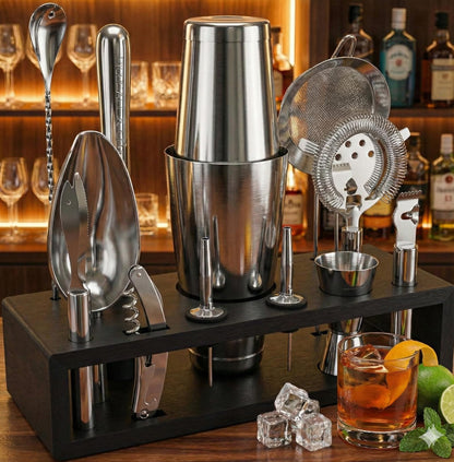 Highball & Chaser 13-Piece Boston Cocktail Shaker Set Stainless Steel Mixology Bartender Kit With Stand For Home Bar Cocktail Set | Laser Engraved Cocktail Tools | Plus E-Book with 30 Cocktail Recipes