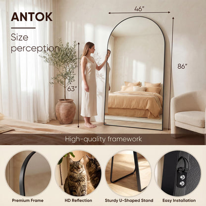 Antok 86" x46” Arched Full Length Floor Mirror, Black Aluminum Frame, Free Standing/Wall Mount/Leaning for Bedroom, Living Room, Dressing Room