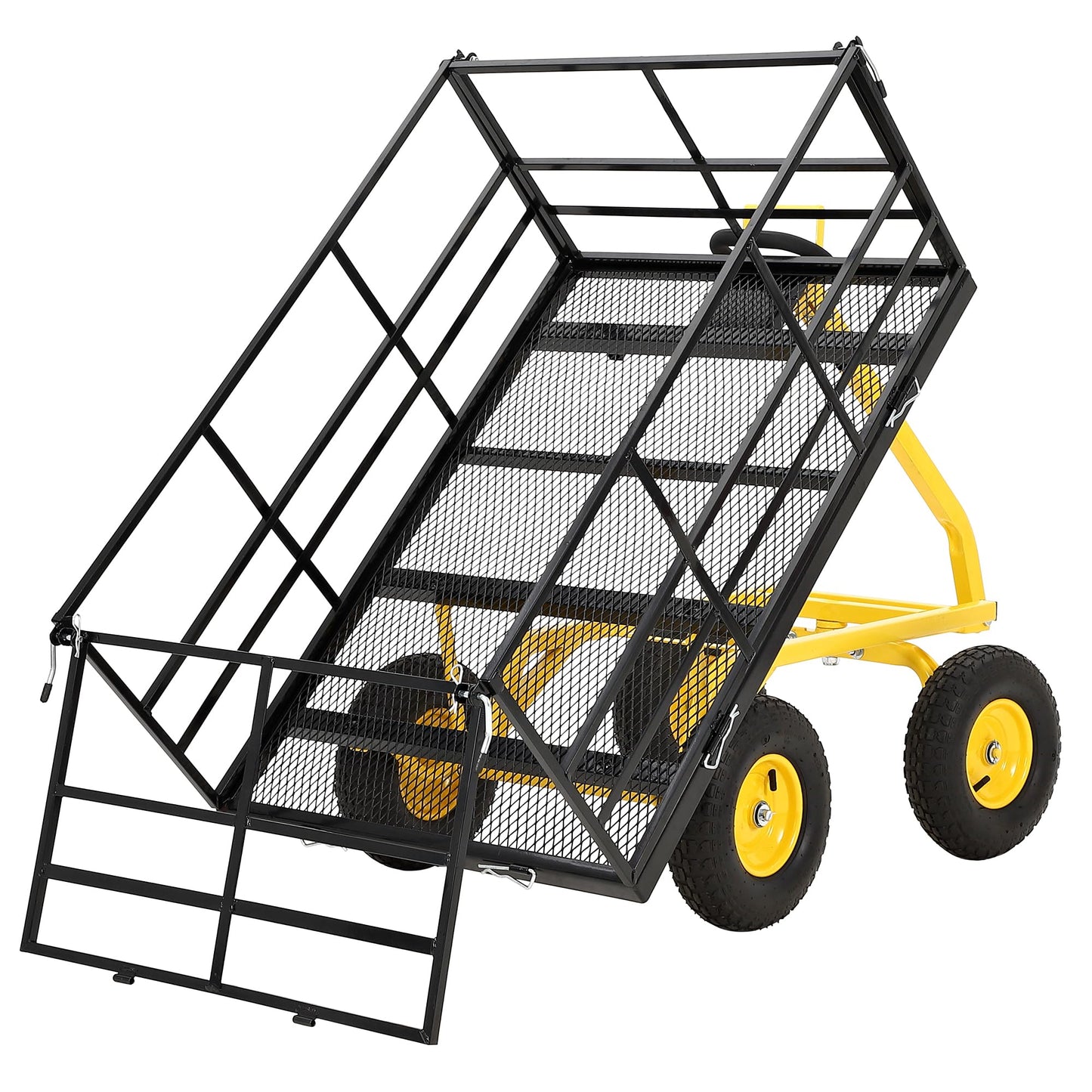 Patikuin 1500 lbs Heavy Duty Steel Garden Cart – Removable Mesh Sides – 13-Inch All-Terrain Wheels – Swivel Yellow Handlebar – Quick Dump – Folding Utility Yard Wagon for Soil, Tools, Plants – Black