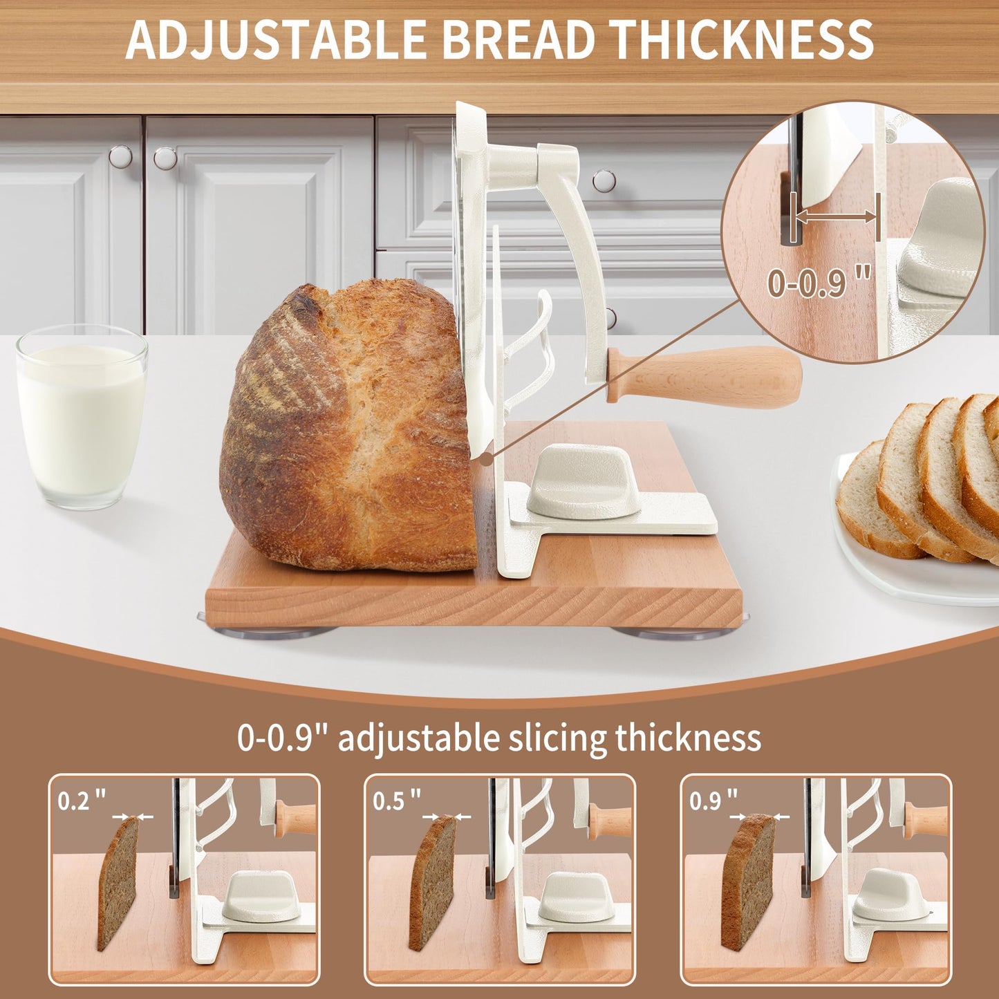 CAWIU Manual Bread Slicer with Hand Crank- Adjustable Thickness Bread Cutter for Even Slices, Perfect for Homemade Sourdough, Sandwich, and More, Cream