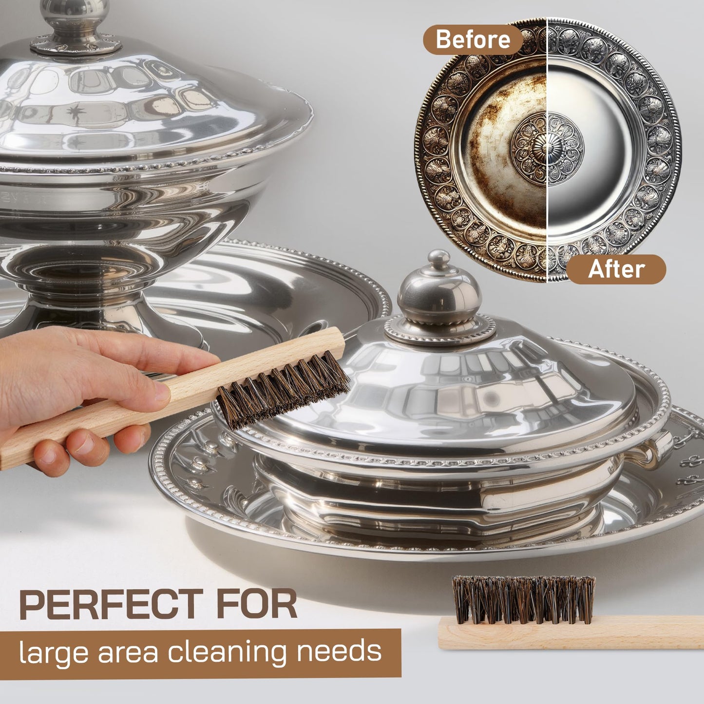 Horsehair Detail Brush Set 2pcs Silver Cleaning Brushes & Polish Cloth Perfect for Detailing, Polish Work, Fine and Heirloom Silverware Plateware Jewelry, Ultimate Solution for a Gleaming Finish