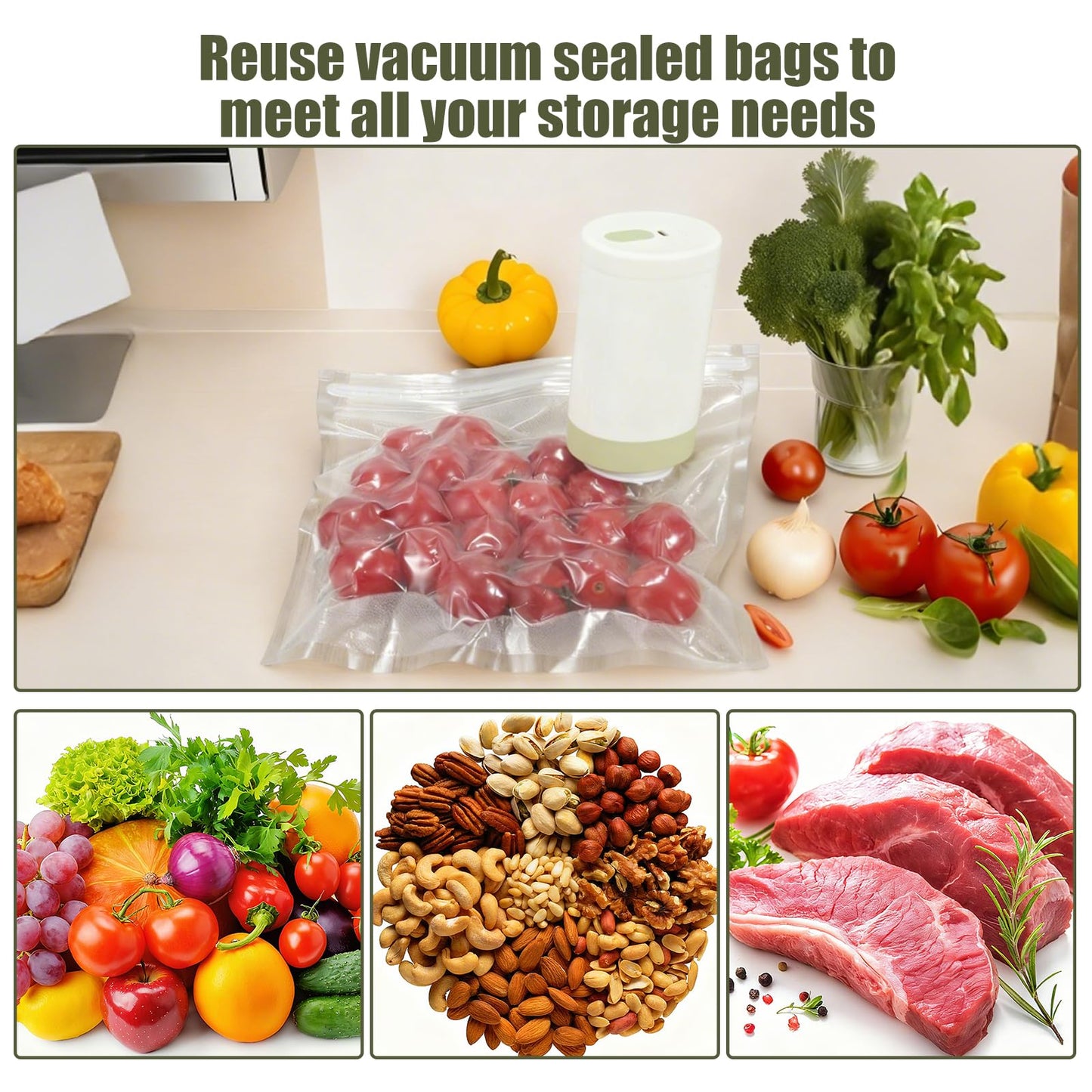 40PCS Reusable vacuum seal bags for food - 20PCS Large (13.4×10.2") And 20PCS Small (8.3×8.7") Compact Vacuum Sealer Bags, Leak-Proof Odor-Resistant for Refrigerator Outdoor Travel Food Storage