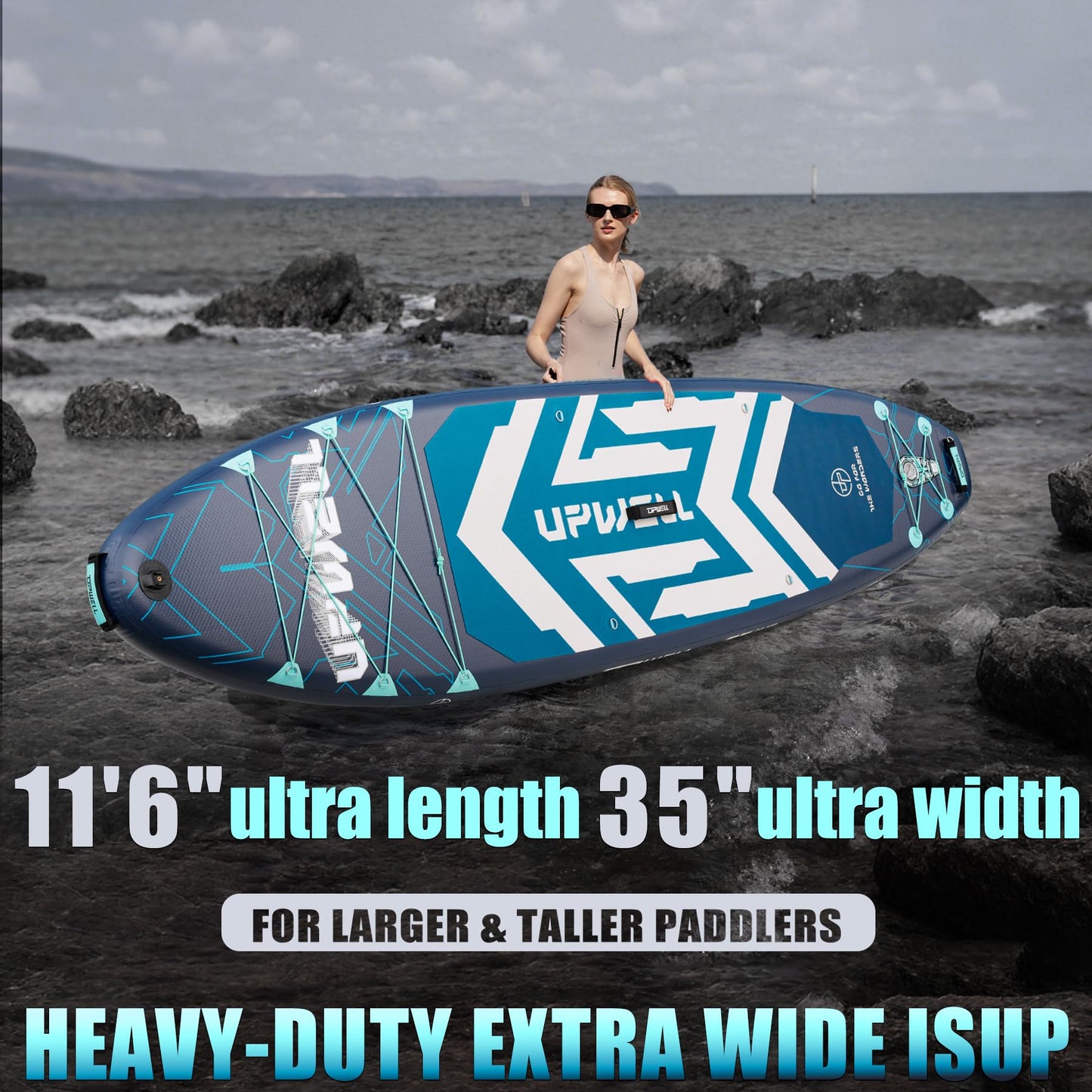 UPWELL 11'6"×35" Extra Wide Inflatable Paddle Board, Stand Up Paddle Board with Kayak Seat, Sup Paddle Boards for Adults, Chipmech Blue