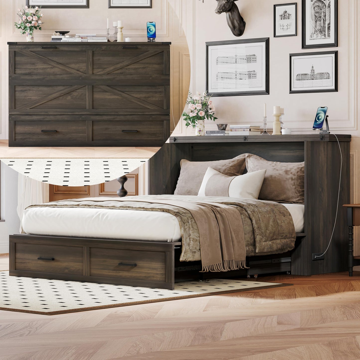 Bellemave Queen Murphy Bed, Cabinet Bed with Charging Station and Storage, Farmhouse Murphy Cabinet with Foldable Panel, Noisy Free, for Guest Bedroom, Living Room, Office, Rustic Gray