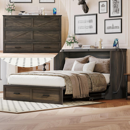 Bellemave Queen Murphy Bed, Cabinet Bed with Charging Station and Storage, Farmhouse Murphy Cabinet with Foldable Panel, Noisy Free, for Guest Bedroom, Living Room, Office, Rustic Gray
