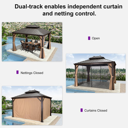 PURPLE LEAF 10' X 12' Hardtop Gazebo Canopy for Patio Deck Backyard Heavy Duty Outside Sunshade with Netting and Curtains Outdoor Permanent Metal Pavilion