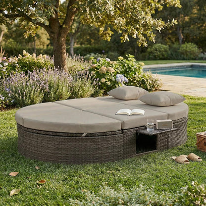 SoarFlash Outdoor Sun Bed Patio 2-Person Daybed, Rattan Sun Day Sofa Bed Reclining Lounger with Adjustable Backrests, Foldable Cup Trays for Lawn Poolside Deck Backyard (Grey)