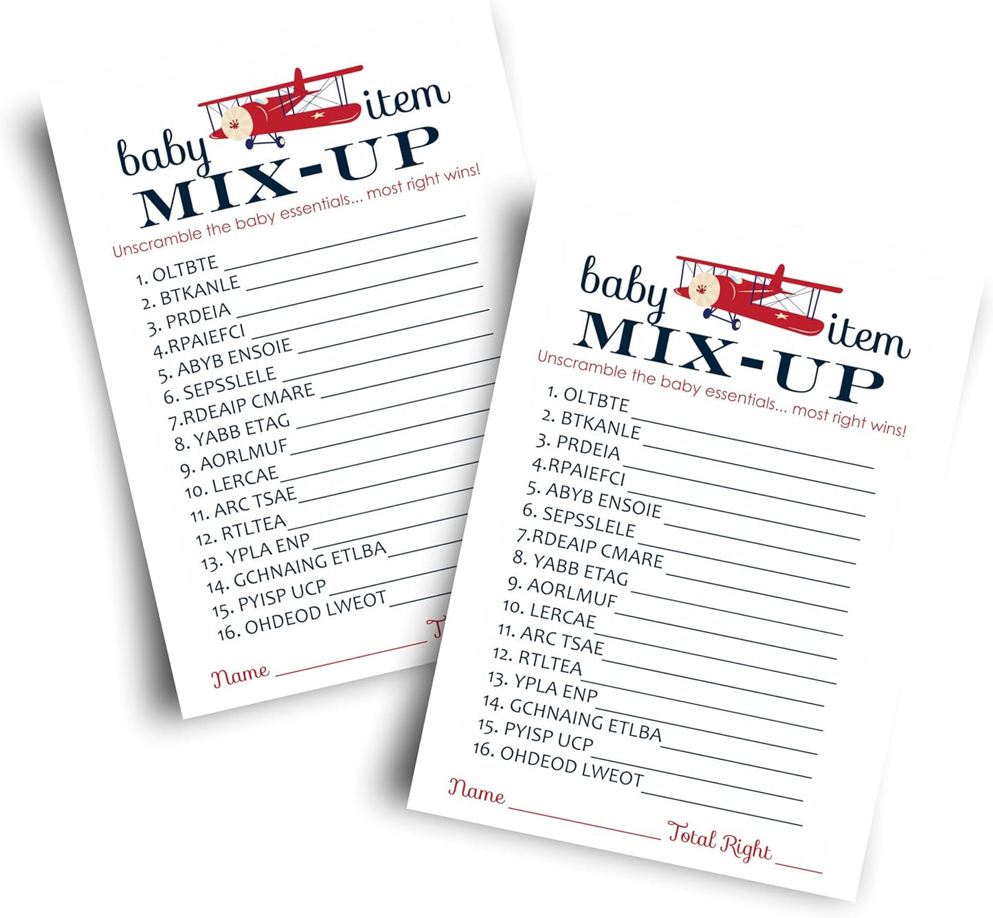 Airplane Baby Shower Games for Boys, Word Scramble Activity, 25 Cards, Adventure Theme in Red and Blue