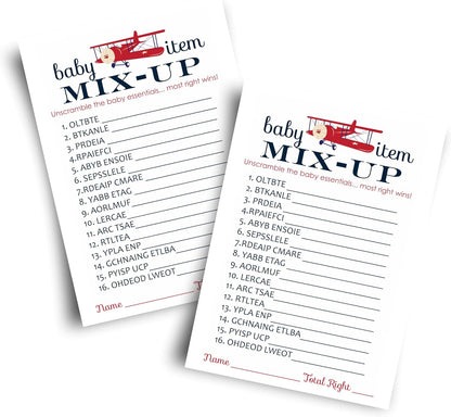 Airplane Baby Shower Games for Boys, Word Scramble Activity, 25 Cards, Adventure Theme in Red and Blue