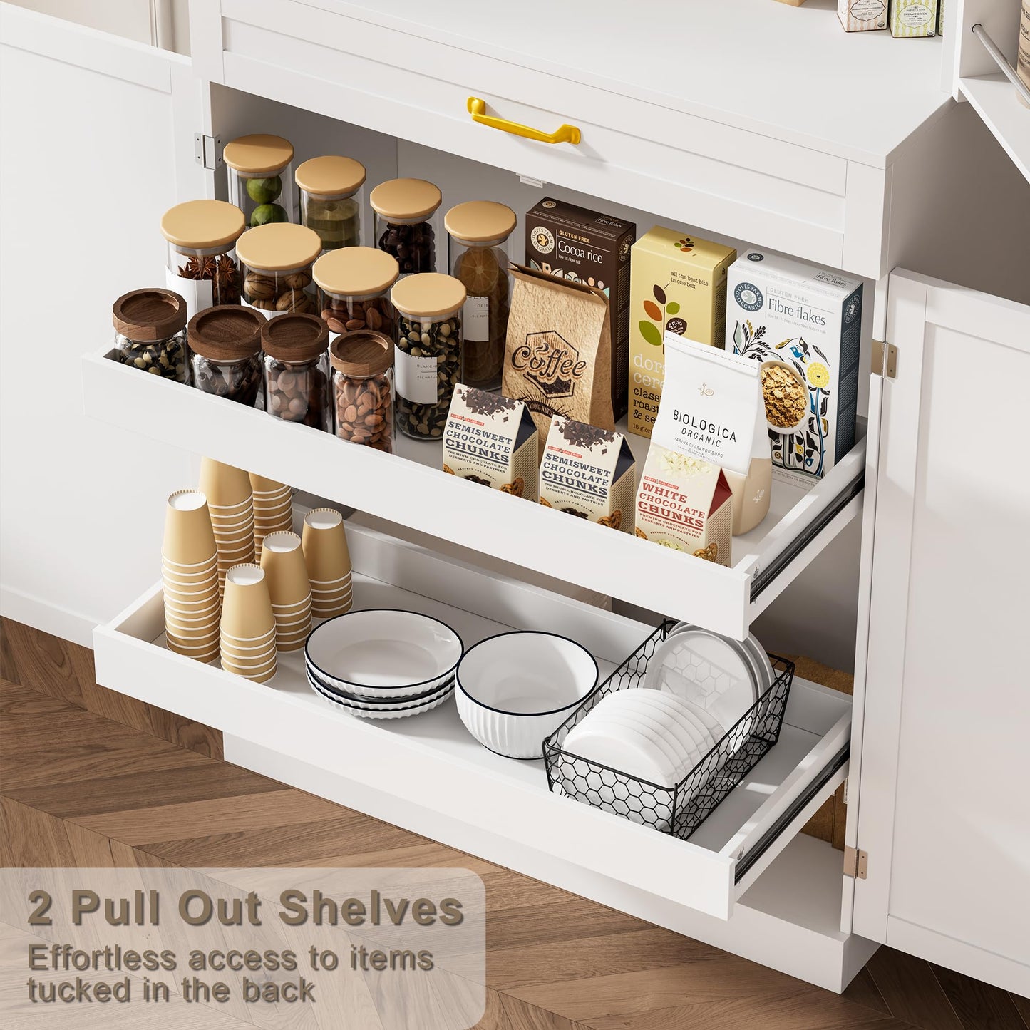 HQZX 71’’ Tall Kitchen Pantry Cabinet, Pantry Storage Cabinet with 6 Doors Shelves, Large Drawer & 2 Pull Out Shelves, Freestanding Cupboard for Kitchen, Dining Room, White