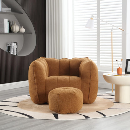 KEIKI Chenille Giant Bean Bag Sleeper Chair with Ottoman, Adults and Kids Lazy Floor Sofa Couch, High Resilient Foam Comfy Reading Chaise Lounge Recliner for Living Room Bedroom, Khaki