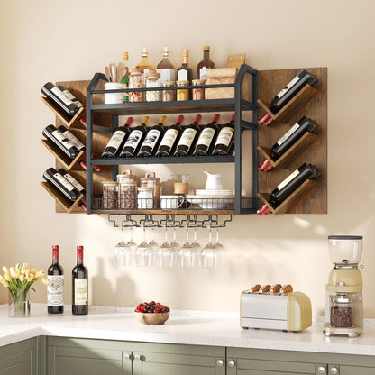 Hoctieon Wall Mounted Wine Rack, 3 Tier Hanging Wine Racks with Glass Holder, Large Capacity Bar Shelves, Metal Wood Bottle Display Storage for Kitchen, Home Bar, Dining Room, Rustic Brown