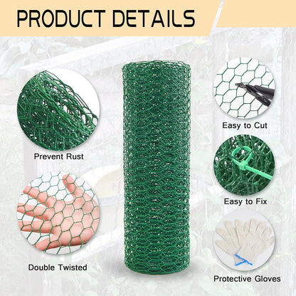 Chicken Wire 15.7in x 118in with a Pair of Gloves，1 Wire Cutter，50 Pcs Cable Zip Ties, Floral Chicken Wire Mesh 0.8in Hexagonal Galvanized PVC Coated Garden Netting Fence for Craft Poultry Garden