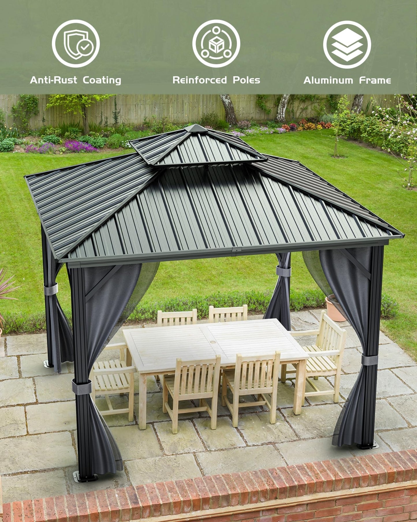Outdoor Gazebo 12x12 Hardtop, Aluminum Frame Permanent Pavilion with Double Roof, Mosquito Netting & Privacy Curtains for Patio, Garden, Deck, Lawn and Backyard Parties