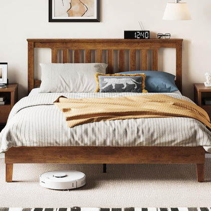 LINSY Solid Wood Bed Frame, Full Bed Frames Wooden Platform Frame with Headboard and Slat Bases, Mid Century Modern Bedframe No Box Spring Needed, Easy Assembly, Antique Walnut